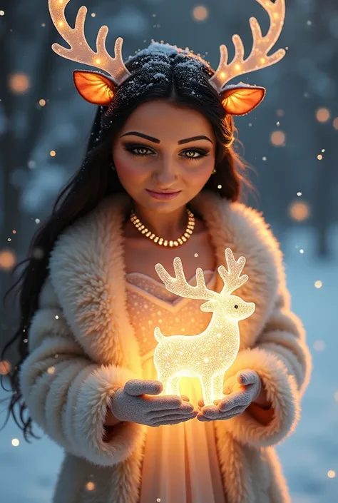 realistic Luminaires crystal clear reindeer, snow is falling, winter outside, a cute Whimsical woman black long hair smiling face striking eyes wearing diamond necklace  diamond sparkly shiny  shimmering  dress and fur fox coat  in a white dress, gloves an...