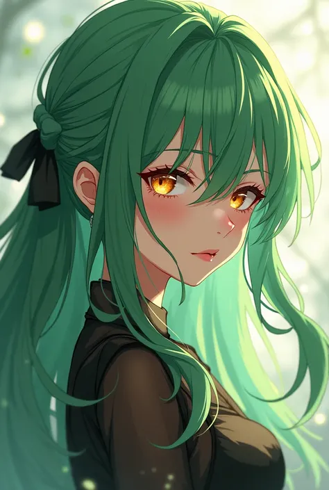 Anime girl green long hair and amber eyes liked C.C.