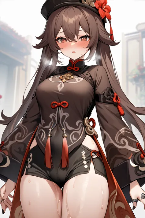 NSFW,masterpiece, top quality , high res, very detailed,Futao(Genshin Impact)、 long hair、bangs、Brown Hair、Red Eye、 hair between eyes、 twin tails、side lock、 symbol shaped pupil , Long Sleeve 、hat、gem、flower、 SHORTS、 wide sleeve、 comments、 Chinese clothes、黒の...