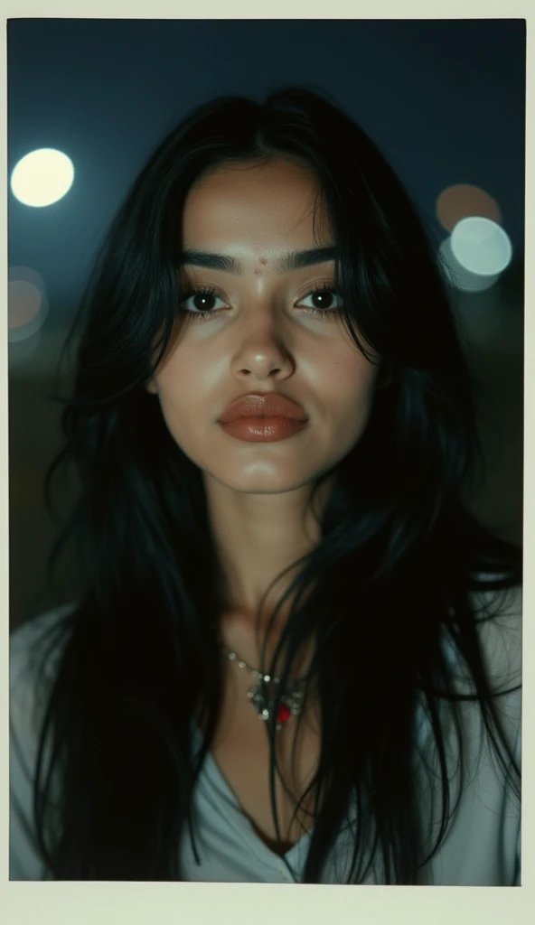 polaroid photo, night photo, 24 year old chubby beautiful woman with pale skin, bokeh, eye cat eye look, long black hair,motion blur, high quality, 8k, photorealistic, professional photography, cinematic lighting, dramatic chiaroscuro, moody atmosphere loo...