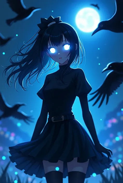 Anime girl and the body is fully black only eyes are glowing with white effects and blue background with lots of blues neon effects and black ravens besides her far distance view and her haire are flying