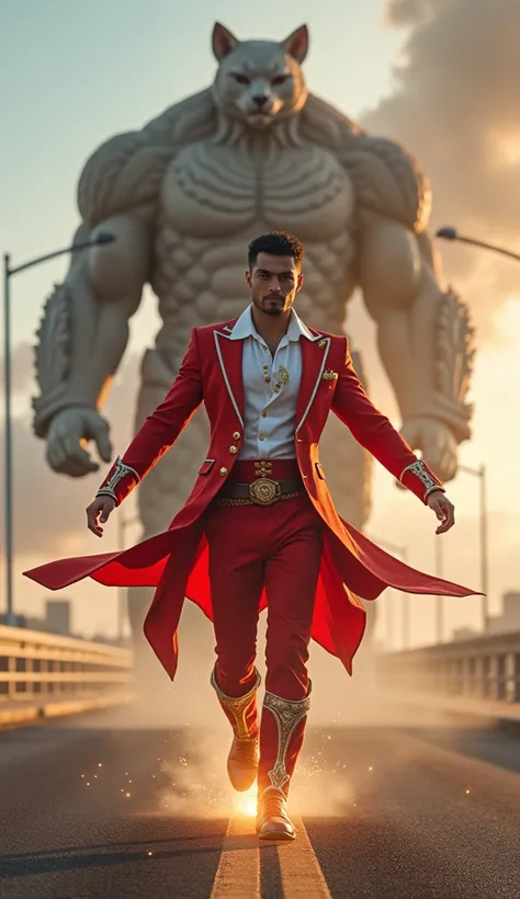 A 25-year-old heroic figure with short black hair and a charismatic smile hovers above the asphalt of Ampera Bridge, as if about to land. He wears a red and white outfit with elegant, luxurious ornaments, radiating strength and confidence, his gaze locked ...