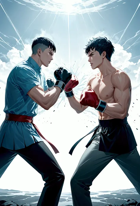 Two people connecting punches, two people fists connecting, two people punching each other at the same time 