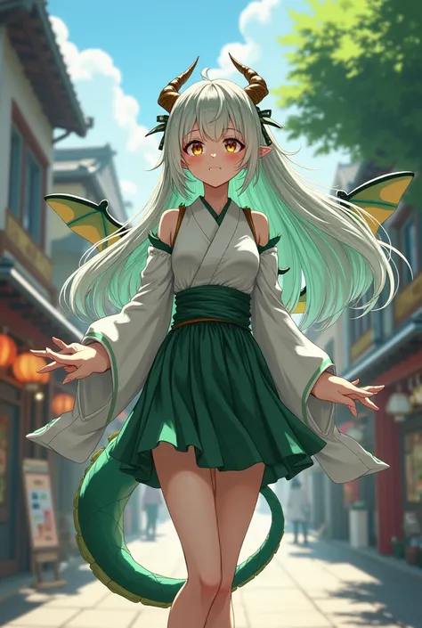 A cute girl with dragon wings, horns and a tail. White long hair with green strands. Amber eyes. Japanese style street clothes Anime style