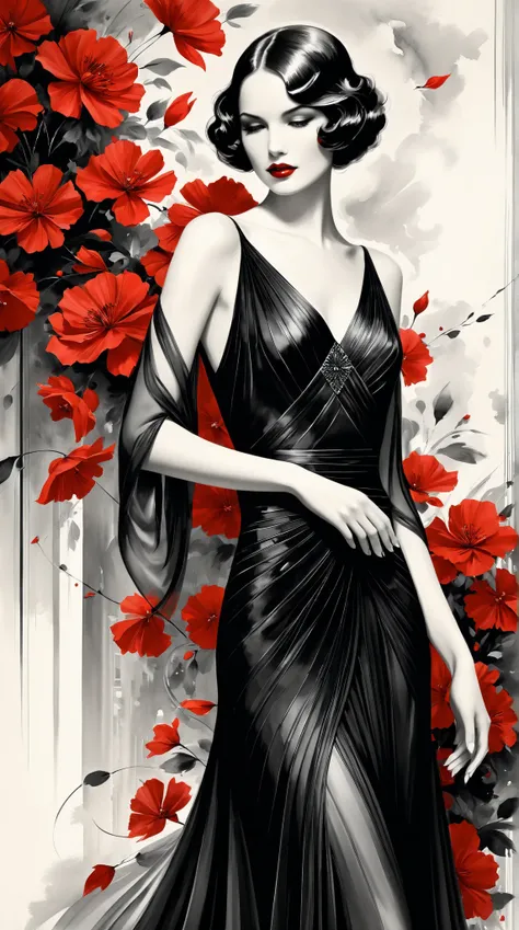 Create an exquisite illustration of a captivating woman inspired by the elegance of the 1920s, rendered in a stunning pen sketch style. The artwork should be in black and white, featuring loose brushwork and intricate pen outlines that highlight her gracef...