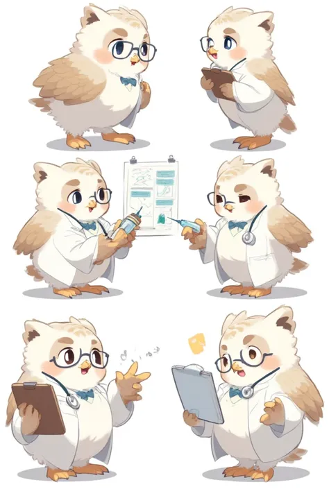 A cute character sheet featuring an anthropomorphic owl anesthesiologist named Som, showcasing four distinct views: front view, side profile, back view, and a dynamic three-quarter perspective. The owl exudes wisdom and professionalism, with soft feathers,...