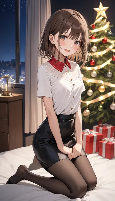 Red collar, masterpiece,  top quality ,  Thin legs、 BEAUTIFUL DETAILS, Depth, Fine texture, Fine skin,  beautiful adult woman with no pussy hair、Alone, smile、blush、 open mouth 、 cute eyes from the right,  face details,  slim, Small breasts, Brown Hair,  Sh...