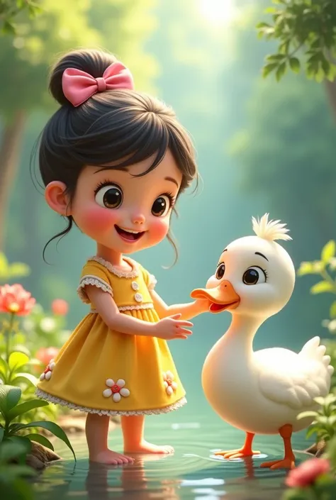 A cheerful young girl wearing a bright yellow dress and a pink bow in her hair.
She is interacting playfully with a white duck, which seems friendly and calm.

