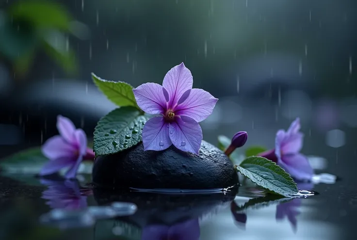 Small violet flower sitting on a black rock in water, water drops, beautiful photography, black and brown colors, fancy flowers and leaves, mist and rain, yellow colors, foreground focus, sparkling petals, dark dull colors