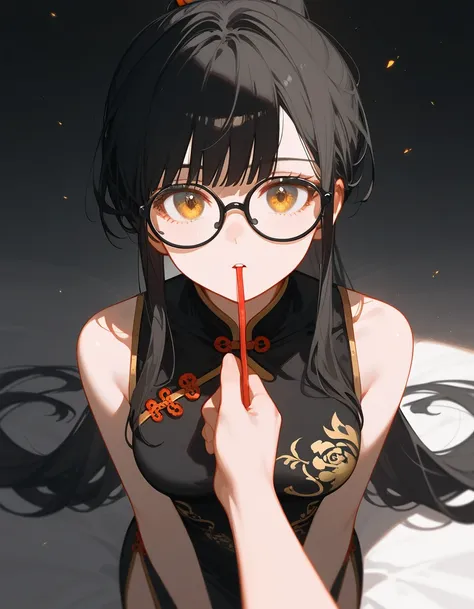 alone,girl,Black blonde hair,Bangs,girlบาร์, ,สวมRound glassesดำ,Long hair,Black hair ends, in golden bronze eyes,Black hair ends, Black Sleeveless Top, Black Skirt ,Round glasses,  Ponytail,Chinese dress, POV feeding 