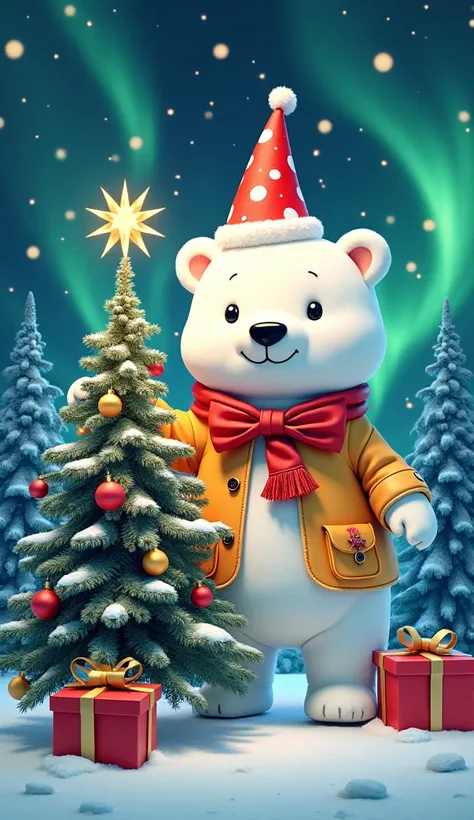 Conceptual art. Double exposure collage. Color sketch. 16K. UHD. high quality, photorealism. Thematic background. Chibi. A happy polar bear in a New Years outfit decorates the New Year tree. Northern lights. Stunning full color design, sharp focus, intrica...