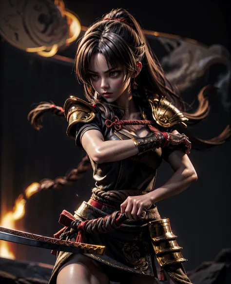 A stunning, muscular Japanese woman with a long red braid tied with a bow, standing with a powerful stance as she holds an exquisite katana with both hands in front of her. She wears intricate, traditional Japanese armor with finely detailed plating and en...