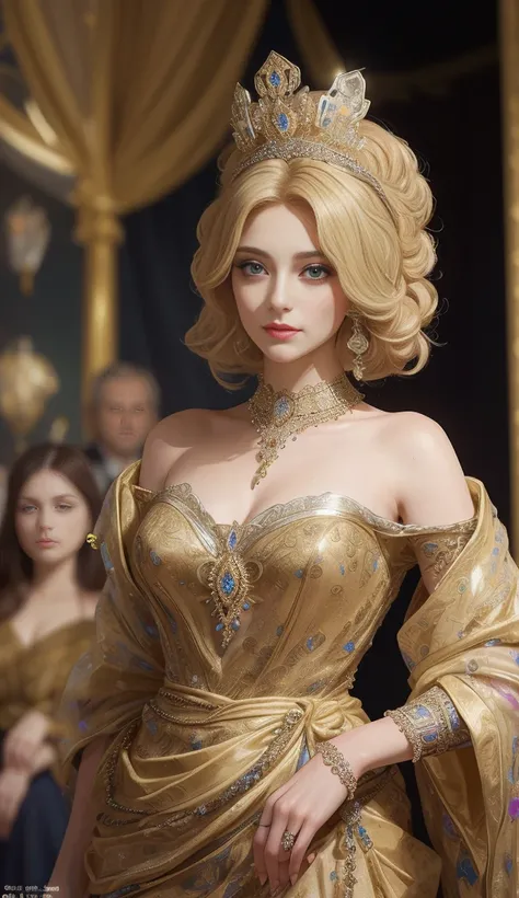 Masterpiece, highest quality, bust of a beautiful royal lady with exquisite blonde hairstyle adorned with dazzlingly intricate jewellery, ultra-detailed, zoomed in.