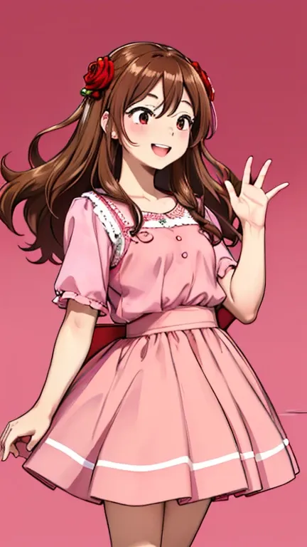 A small one,  ,  Brown-haired ,  long hair, happy and smiling, waving hand,  red and rose dress,  pink and pink details ,  styled in pink and red, pink skirt, minispink skirt, dressed in a pink dress,  wearing a pink dress, 60&#39;s style, 60&#39;s style, ...