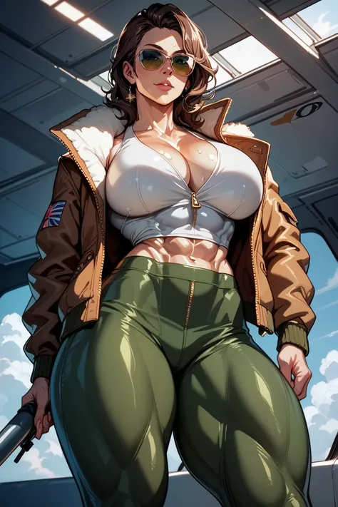 _ anime style ,1Women, long straight brown hair  , white skin ,Muscular, aviator jacket , Big breasts , big thighs,  green eyes , jet plane  ,warm,corpo de milf,sweaty,freckles,  deep neckline up to the stomach,  aviator pants ,  without a shirt under the ...