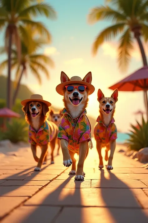 Fantasy Dogs on a Tropical Runway:
A group of fashionable dogs walking upright on a runway, dressed in vibrant tropical-themed outfits inspired by island vacations. The dogs wear floral shirts, straw hats, and sunglasses, exuding confidence. The runway is ...