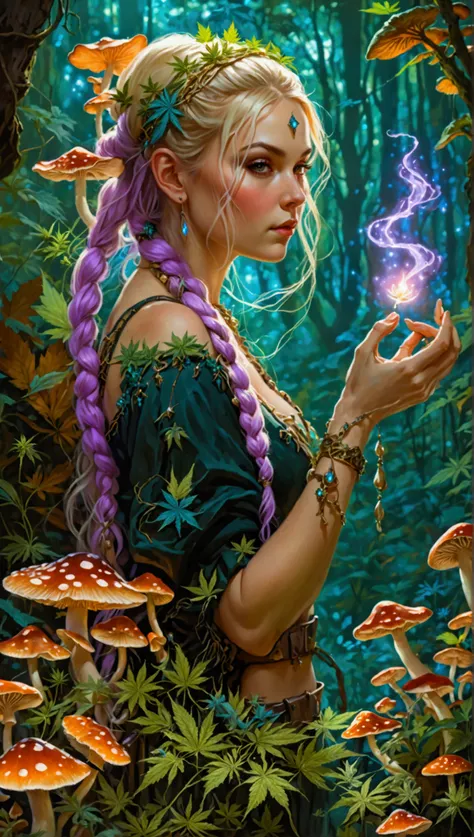 1woman, solo, age 23, a beautiful blonde viking pigtail gorgeous svelt lavender ninja goddess cannabis hemp healer ,     herbalist gypsy witch woman with long braided hair casting a spell in a dark forest,   The theme is healing Magic .(Underworld fantasy ...