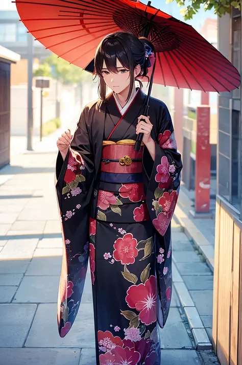 Man in a kimono kissing the forehead of his girlfriend, who is wearing a kimono and holding an umbrella.