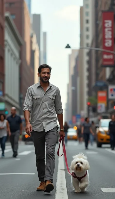 A Brazilian man wearing regular clothes, walking a Maltese in new York city. Raw photo, no filters applied 