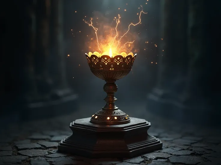  dark background, pedestal, pica medieval sola,  sparks around it.