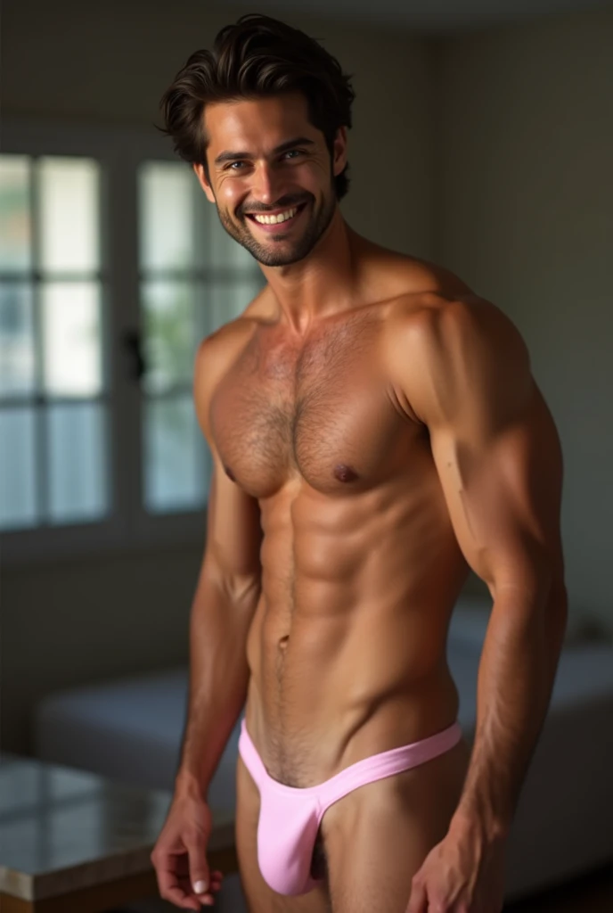 Gay very handsome man, model, blue eyes, black hair, smiling, light pink thong, hairy, naked