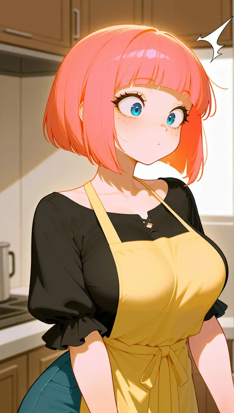 A close up portrait of a girl, classic bob, apron, amazing body, pronounced feminine feature, busty, kitchen, gothic shirt, denim skirt, surprise, blouse strap falls, breasts swaying [ash blonde | ginger | pink hair], freckles, flirting with the camera