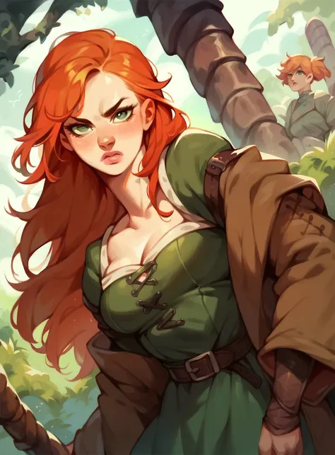 score_9, score_8_up, score_7_up, score_6_up, score_5_up, score_4_up, standing, 1girl, peasant clothes, long hair, orange red hair, pink lips, serious face, looking at viewer, misty green eyes, dark green dress with brown sleeves, medium breasts, warrior