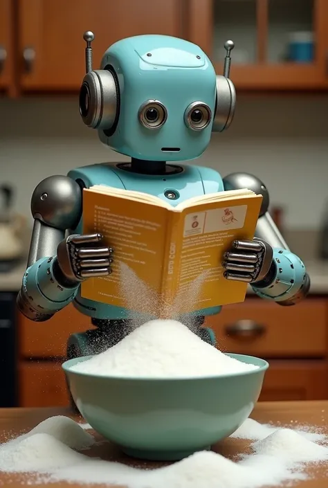 "A quirky robot with a clunky design is holding a recipe book in its metal hands, tilting its head as it misreads the instructions. Instead of reading Add a cup of sugar, it interprets it as pour the whole bag. The robot enthusiastically empties a giant ba...