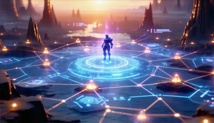 A futuristic digital landscape featuring glowing blockchain nodes interconnected in a web-like network, with a holographic interface overlay showing AI-generated gaming characters interacting dynamically.