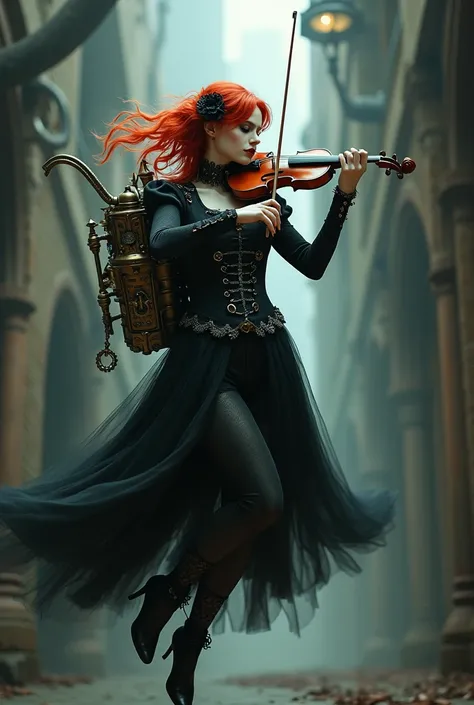 gothic lady with red hair wearing steam punk style clothing with a jetpack on her back floating in the air while playing her violin and dancing around in the air