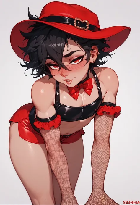 Femboy, girl red cristhmas clothes, tigh clothes, exposed thighs, fishnet gloves, blush, naughty eyes, black messy hair, bend over, short stature, little body, cristhmas hat, curveliene, androgynous