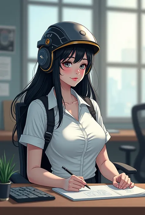 illustration of a white-skinned woman with black hair sitting at a desk wearing a protective helmet 