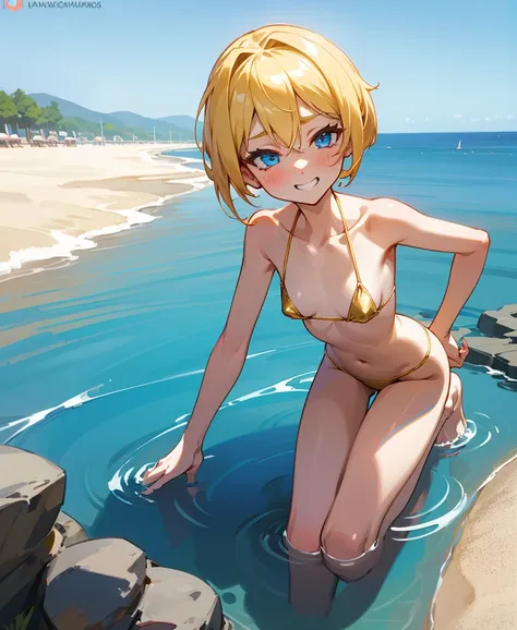  watch the audience  ,  Better Quality , masterpiece ,   ANATOMICALLY CORRECT  , girl (  Shorthair,  hair between eyes, Blonde,  bob hair、 blue eyes,Ahegao smiles  ,  blush,    small tits ,   Very Thin Waist  ,  Small handle with slim body, full body view ...