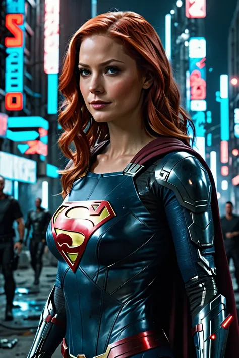 masterpiece, best quality,
cinematic film still, realistic, supergirl, a cybernetic superhero, cyberpunk, red hair