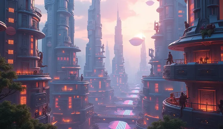 A futuristic city with glowing towers and alien families waving from their homes. (3D Animated)