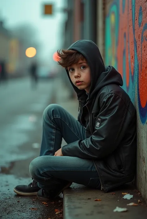  Create an image with the following characteristics: A  boy looking at the camera with a surprised face when he was caught infraganti doing graffiti , bottom: city, Activity: sitting, Image quality: Realistic photo,  ASPECT RATIO : 16:9, Emotional state: S...