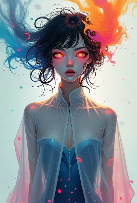 An enigmatic and fluid character with no defined hair, but instead a flowing aura of vibrant colors. Her eyes are abstract shapes that seem to change and shift. She wears a minimalist outfit made of translucent materials that blend seamlessly with her surr...