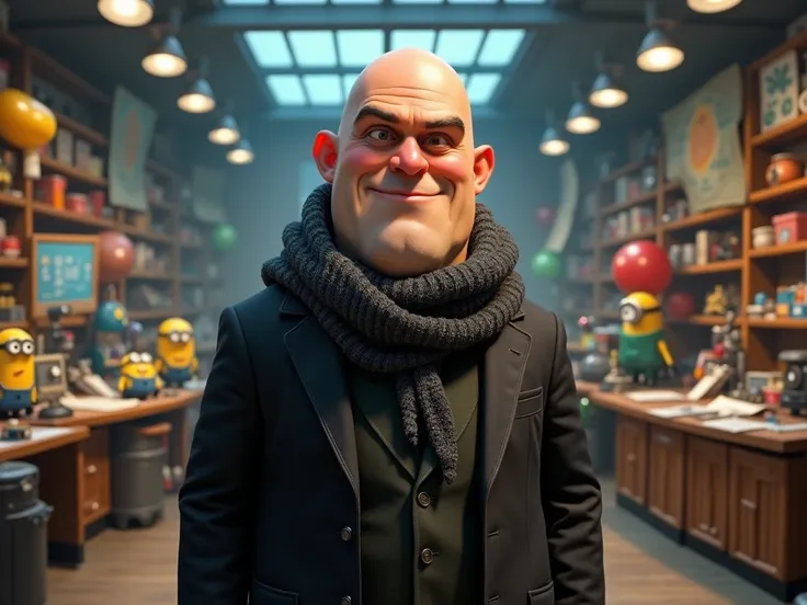 Gru from espicable me A quirky and mischievous villain with a love for gadgets and an eccentric sense of humor. The character is a middle-aged man with a bald head and a large, pointy nose. He wears a long, dark grey scarf wrapped around his neck and a bla...