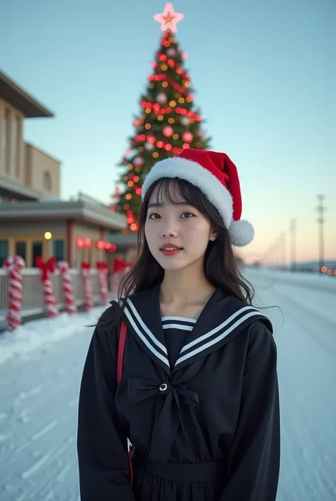 photograph, 20 year old Korean girl wearing a black Japanese sailor suit uniform and Christmas hat, on the snowy tarmac of a US air force base, Christmas tree, candy cane decorations, wide angle lens photo