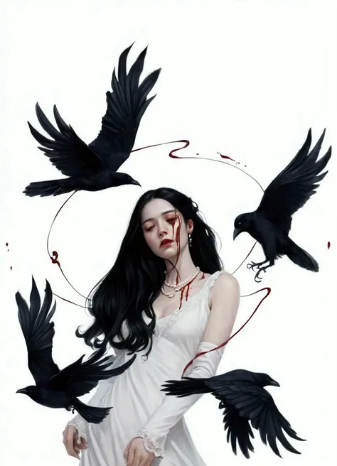 The image features a digital illustration of a young woman with long black hair, dressed in a white dress that looks like a nightgown or a simple wedding dress. She is wearing long white gloves and a pearl necklace. Her eyes are slightly squinted in an exp...