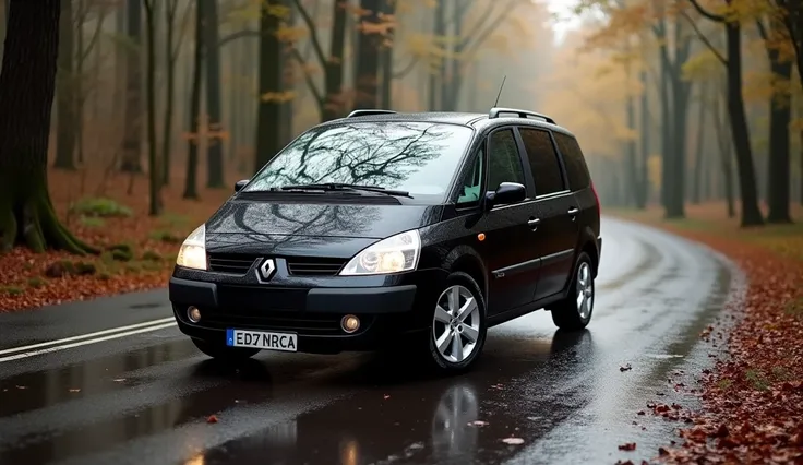 please give me in the rainy road woodlans and 13.00am sun,270 degrees position 2003 model Renault Espace 3.0 v6 dci İnitiale Paris package black color body and 18 inch chrome rims thin wheels and sharp line design with bottom right th screen france flag.Pl...