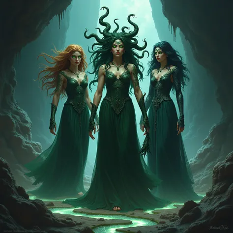 
"Create a mythical depiction of the three Gorgon sisters from Greek mythology—Medusa, Stheno, and Euryale. Medusa, the youngest and mortal, is portrayed with a blend of beauty and sorrow, her hair transformed into living serpents, with a melancholic expre...