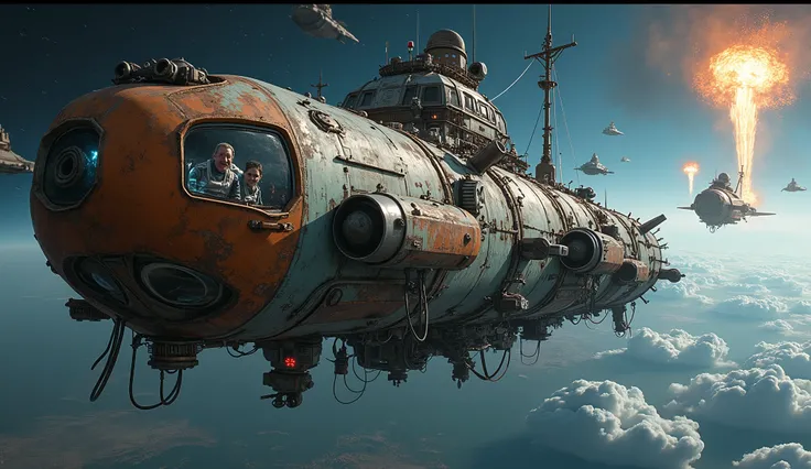 A comically chaotic, old and heavily modified warship floating through space, with flickering lights and rusty metal panels. The ship is quirky and mismatched, looking like a cobbled-together collection of scrap parts, with an exaggerated sense of unpredic...