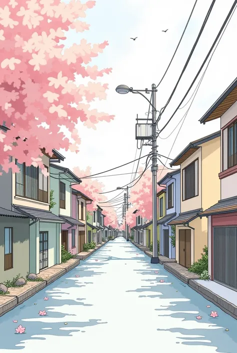 Design a peaceful and calming image for the book cover for a coloring book featuring illustrations of modern Japanese street scenes. The cover should convey pastel colors and minimalistic elements. Include subtle motifs of nature, such as gentle cherry blo...