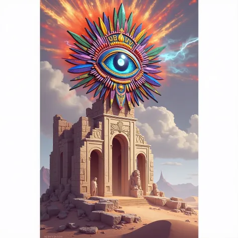 Symbole coloré Illuminati Eye , carte dixit divinité égyptienne, dans un paysage de ruine en sable