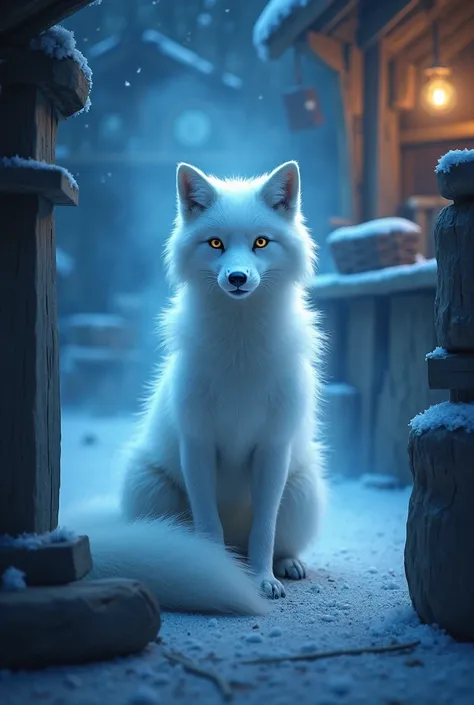 White fox in santas stall with blue haze with teeth on top 