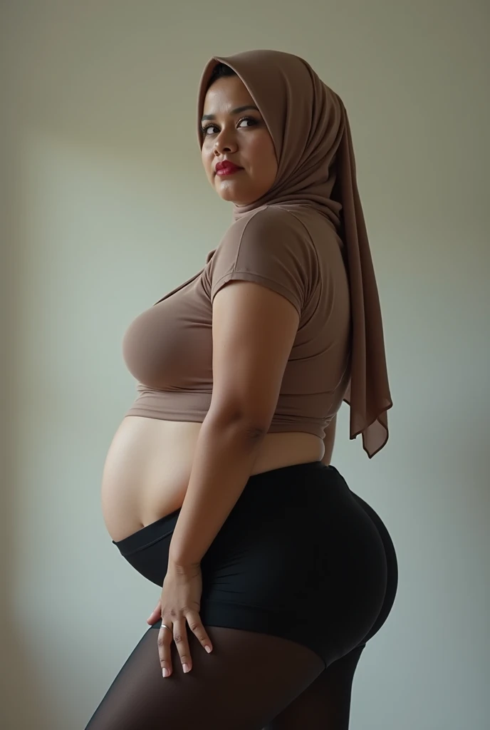 Bugil wearing hijab 55 tahun, wanita asal malaysia (( wearing hijab )) ,wearing a light brown color tight-fitting sports long sleeve t-shirt, transparent black leggings  (( underpants )), Curvy body(  pasmina ),  breasts protruding almost out of her shirt,...