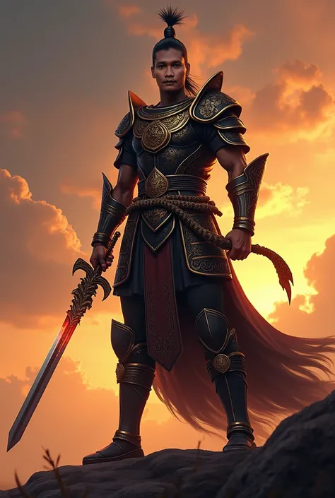 A charismatic and legendary Javanese knight, Arya Kamandanu, standing tall and proud. He has an athletic build with a handsome face, exuding discipline and strength. Arya Kamandanu wears traditional Javanese armor adorned with intricate floral carvings, co...