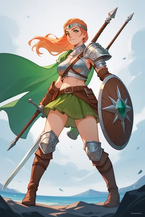  Id like a female halfling in Dungeons and Dragons style, con i capelli lunghi e mossi di colore viola,  green eyes and wearing armor , a sword and shield  