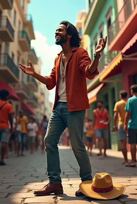  Brown-skinned man,  with shoulder-length hair ,  and Cuban hat on the floor, Singing on the street 